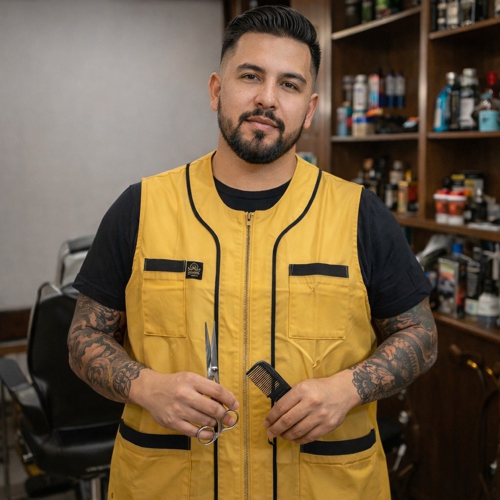 King Midas Barber Vest Mens Large Yellow Mesh Back‎ Zippered Professional Smock